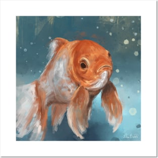 Painting of a Goldfish in a Contemporary Style, on Blue Background Posters and Art